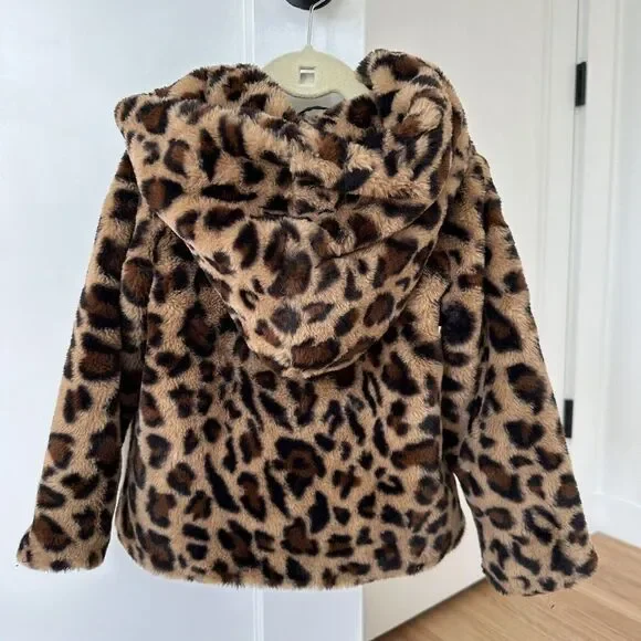 Appaman Girls Cleo Tan  Black Leopard Faux Fur Hooded Teddy Coat‎ Jacket Size 4 - Picture 8 of 14